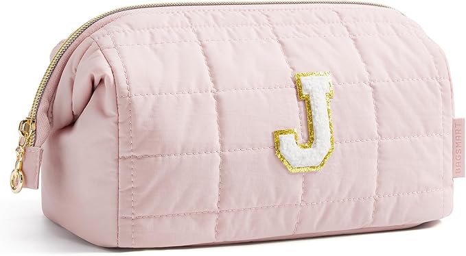 BAGSMART Birthday Gifts Personalized Initial Makeup Bag, Trendy Stuff Gifts for Women Bridesmaid Graduation, Puffy Padded Make Up Bags for Women, Wide-open Toiletry Bag, Pink J
