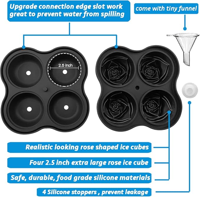 CAMKYDE Rose Ice Cube Tray 2.5 Inch [1 Mold + 1 Funnel + 4 Stoppers], 4 Cavity Silicone Rose Ice Cube Mold for Whiskey, Chilling Cocktails, Bourbon, Juice (Black)