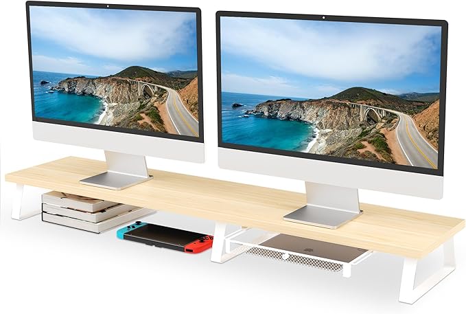 Aothia Dual Monitor Stand Riser - Monitor Stand with Drawer, Monitor Stand for 2 Monitors, Desk Shelf for Monitor with Metal Legs, Wood Monitor Stand with Storage Organizer for PC, Laptop, Screen (Oak)