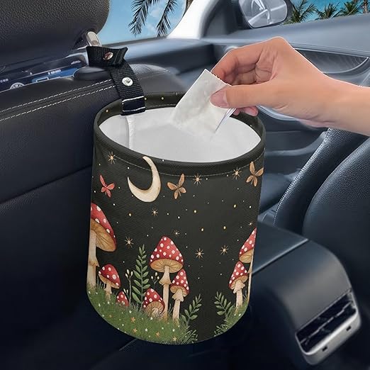 Panskyllis Cute Mushroom Moon Auto Garbage Bag Trash Can Leak Proof Waste Basket Container Bag Bin Hanging Cup Holder Organizer with Strap Mini Car Interior Accessories for Auto, Camping, Travelling