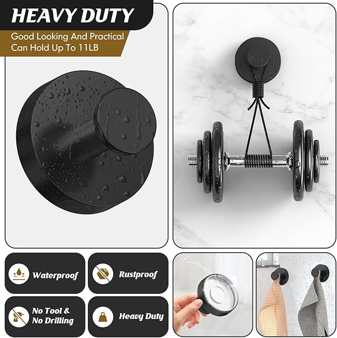Suction Cup Hooks for Shower,Removable Shower Towel Suction Hooks for Bathroom Wall,Kitchen,Glass,Mirror,Tile to Hang Robes,Loofah-Black(4-Pack)