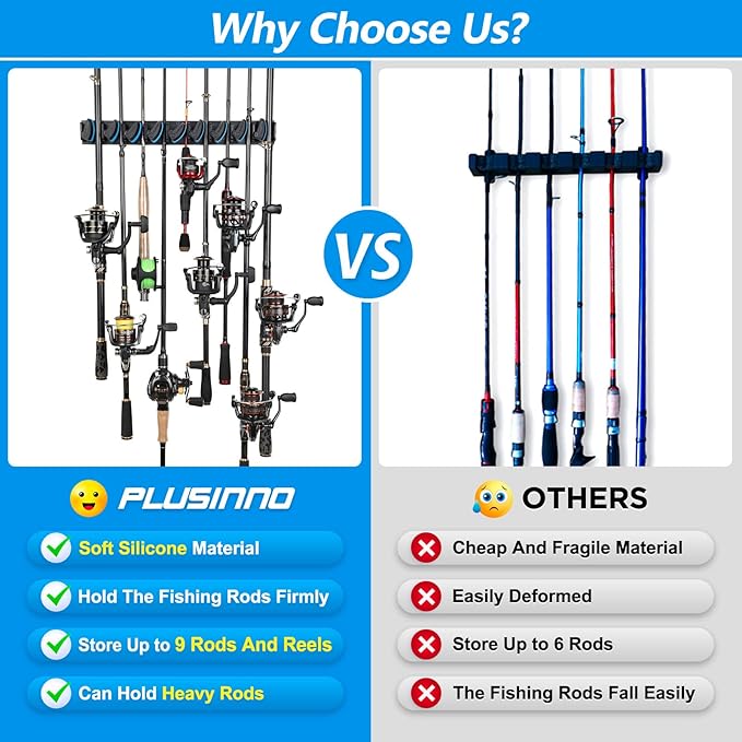 PLUSINNO 4 Pack Vertical Fishing Rod Rack, Wall Mounted Fishing Rod holder, 4 Packs Fishing Pole Holders Hold Up to 36 Rods or Combos, Fishing rod holders for garage, Fishing Gear and Gifts for Men