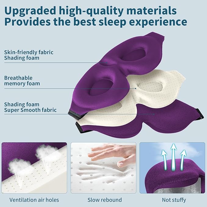ZGGCD Sleep Mask for Side Sleeper, Light Blocking Sleeping Eye Mask for Women Men, 3D Contoured Cup Night Blindfold, Luxury Eye Cover Eyeshade with Adjustable Strap for Travel, Nap, Purple