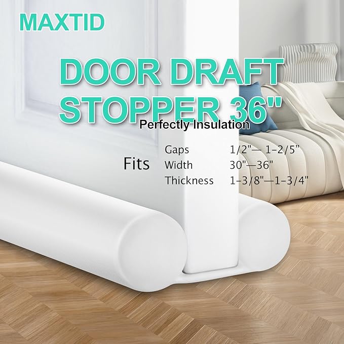 MAXTID Under Door Draft Blocker 36" Door Sealers for Bottom of Door Seal Strip Block Air Double Door Draft Stopper White Door Sweep Noise Cancelling Weather Seal