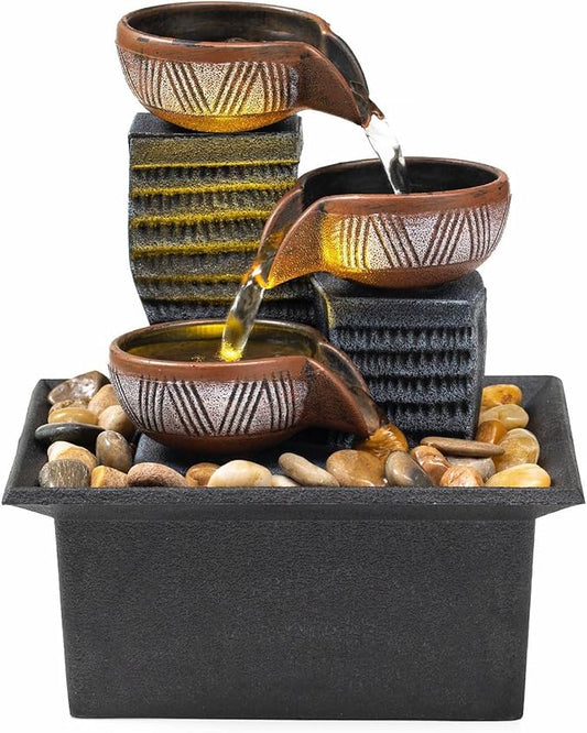 Tabletop Fountain, 3-Tier Desktop Waterfall with LED Lights, Small Indoor Water Feature with Natural River Stones, Suitable as Zen Decor for Home/Office