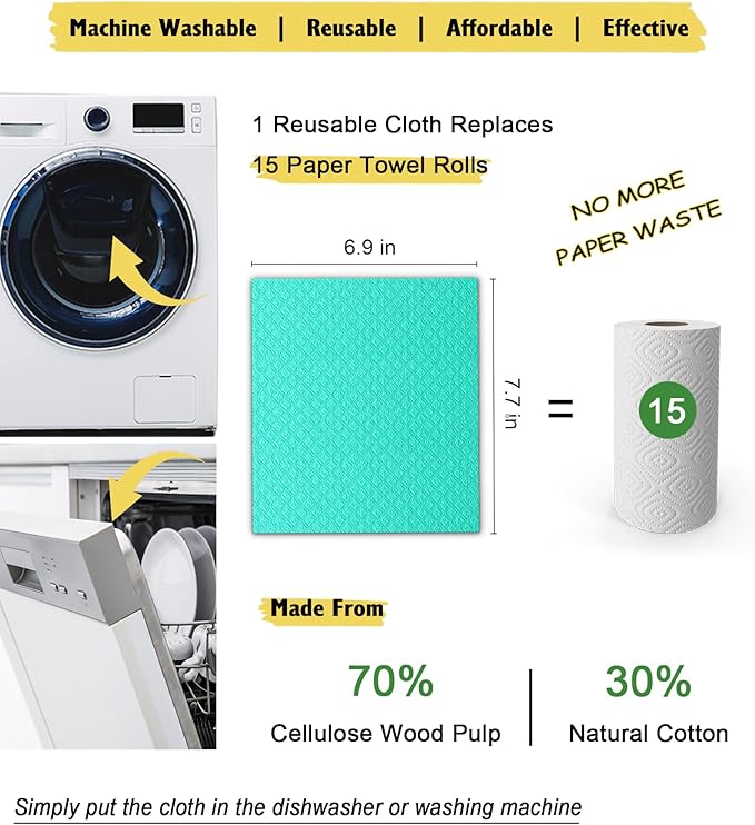 MoLKENE Swedish Dishcloths for Kitchen | 6 Pack Absorbent Cellulose Sponge Cloths Washable | Non-Scratch Reusable Paper Towels Quick Drying Cleaning Cloths - Green