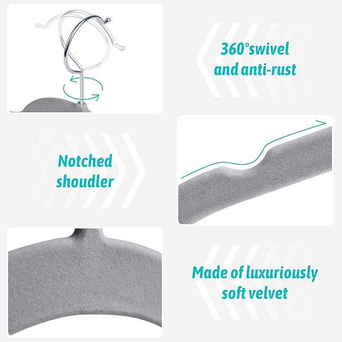 Premium Velvet Shirt Hangers 30 Pack, Space-Saving Non-Slip Felt Hanger with 360° Swivel Hook, Slim Flocked Hangers for Strappy Dresses, Blouses, Tank Tops (Grey)