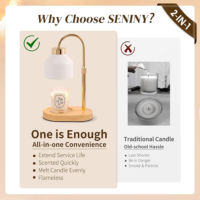 Seniny Electric Candle Warmer Lamp with Timer Dimmable, Adjustable Height Lamp Candle Warmer for Jar Candles, Home Decor Warming Light, Flameless Wax Melter Lamps, Christmas Birthday Gifts for Women