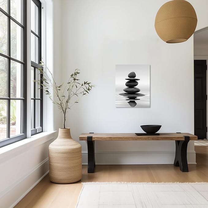 LZIMU Black and White Zen Wall Art Stones in Water Pictures Print on Canvas for Bathroom Yoga Meditation Spa Room Living Room Bedroom Wall Decorations Framed (Zen-1, 12"x18" (30x45cm))