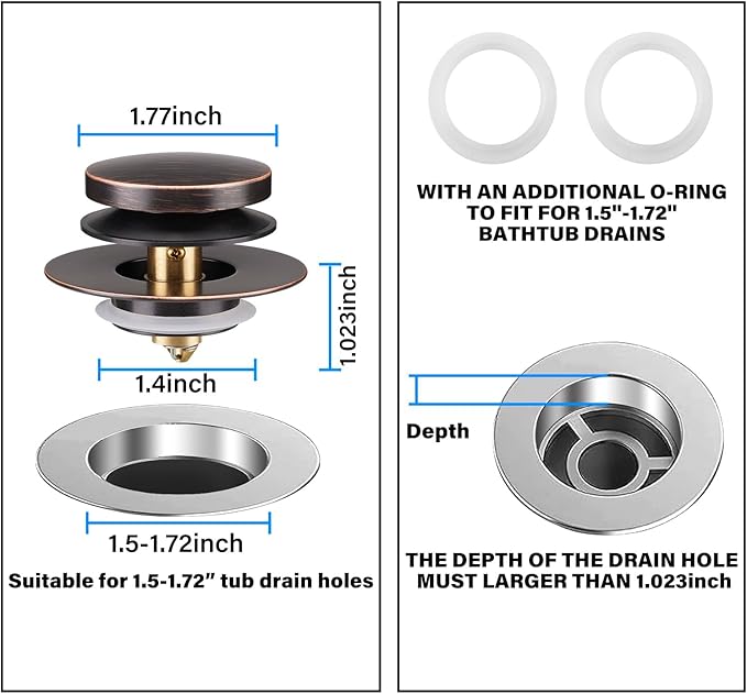 Bathtub Drain Stopper, Uxoz Universal Tub Stopper for Replacing Tip Toe/Trip Lever/Lift&Turn Tub Drain, Bath Tub Drain Stopper Designed for 1.5" to 1.72" Drain Hole with 3 O-Rings, Oil Rubbed Bronze