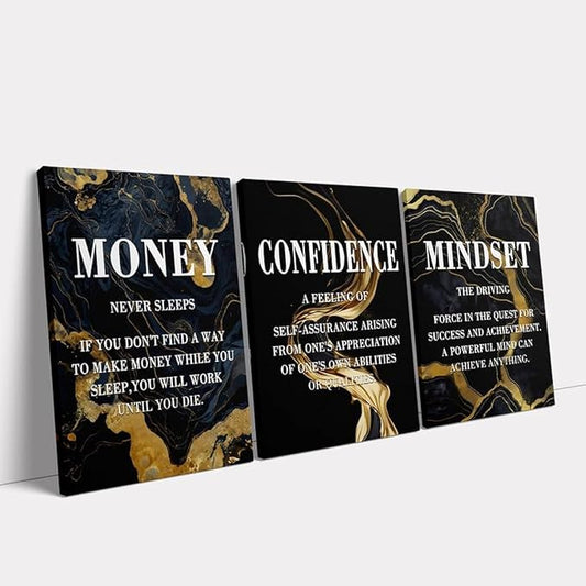 KAWAHONE- Money Never Sleeps, Motivational Canvas Wall Art,Inspirational Poster, Confidence Mindset Wall Decor Framed Inspirational Entrepreneurs Painting Prints Quotes Poster for Office Workplace Ready to Hang