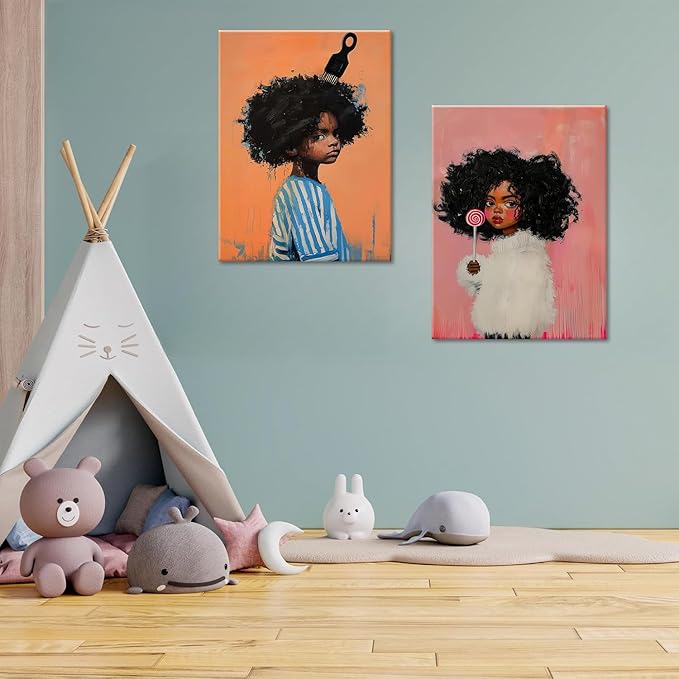 Black Kids Wall Art - Afro American Children Canvas Prints, Modern African American Portrait Paintings for Girls Bedroom, Cute Black Girl Nursery Art, Cultural Wall Decor， Framed12 x 16inches X2piece