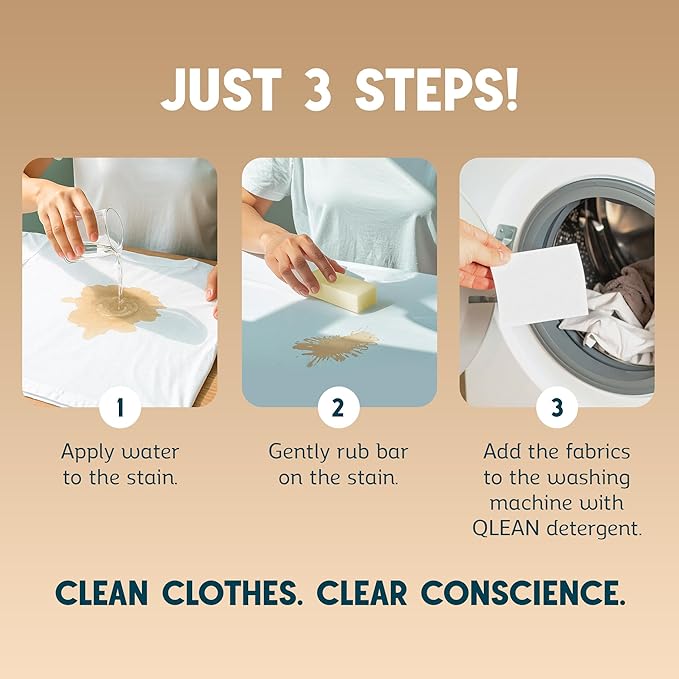 QLEAN Stain Remover Bar for Clothes (3-Pack) – Plant-Based Laundry Stain Stick, Removes Grease Wine Coffee Blood & Grass Stains, Non-Toxic, Travel-Friendly Fabric Stain Remover Bars