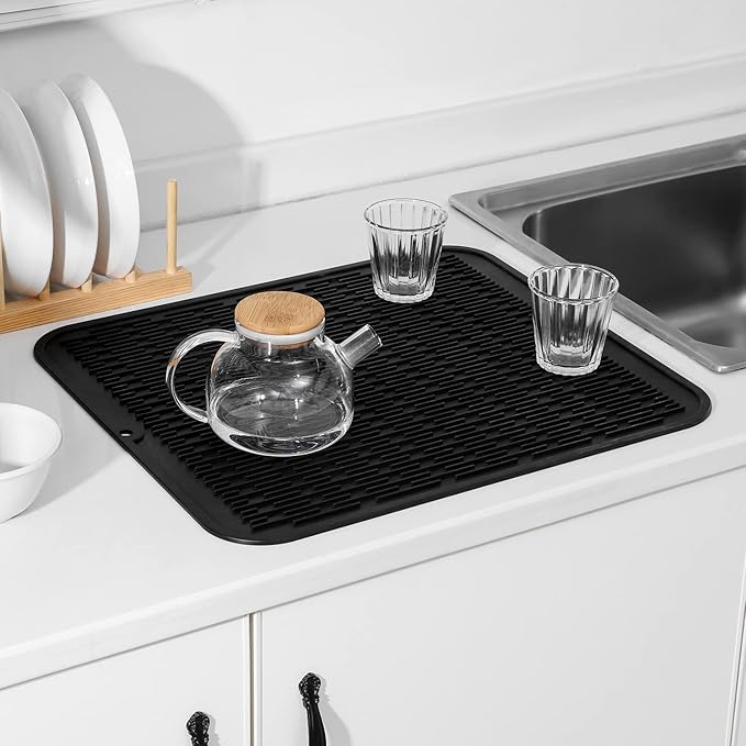 MicoYang Silicone Dish Drying Mat for Multiple Usage,Easy clean,Eco-friendly,Heat-resistant Silicone Mat for Kitchen Counter or Sink,Refrigerator or Drawer Liner Black 2XL 24 inches x 18 inches