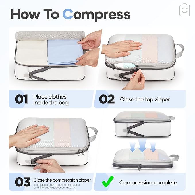 Veken 9/11 Set Compression Packing Cubes for Travel Essentials, Compressible Expandable Large Luggage Suitcase Organizer Bags for Clothing, Durable Space Saver Storage Bags with Toiletry Bags (White)