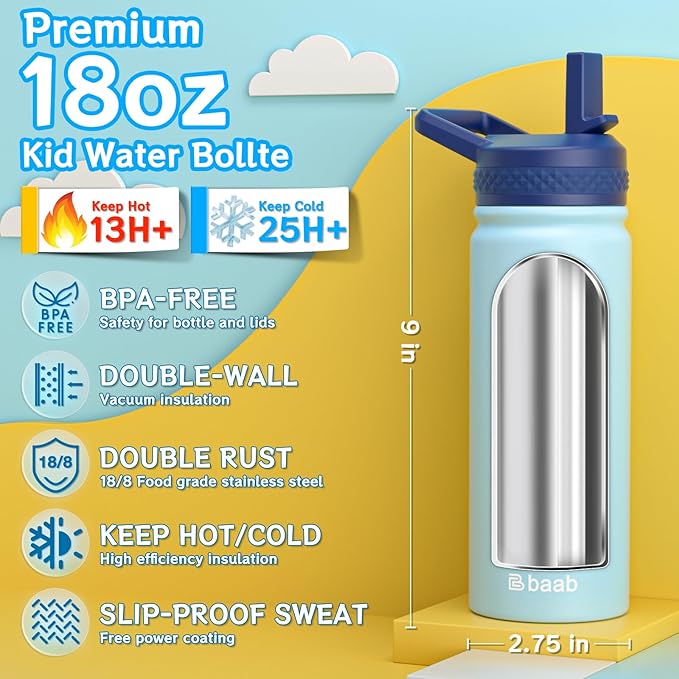 baab 18oz Kids Water Bottle, Insulated Water Bottle with Straw & Stickers, 18/8 Stainless Steel Vacuum Leakproof Kids Water Straw Cup for School, Perfect for Boy Girl (Light Blue+Pink, 2 Pack)