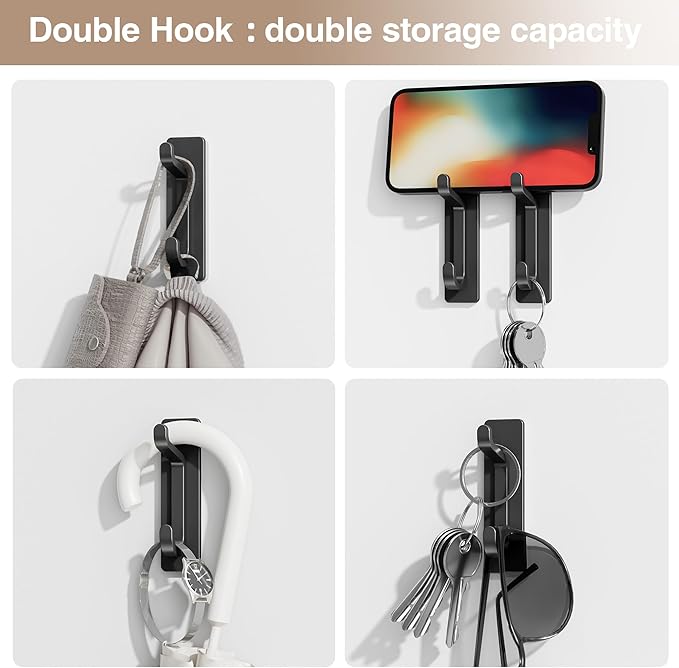 Self Adhesive Wall Hooks for Hanging: Extra Strong 13 LB, Hook for Coat, Towel in Bathrooms, Shower, Kitchen, Wall, Door Hook, Black 6 Pack