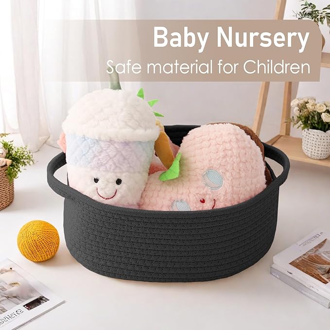 Woven Basket,Small Rope Storage Bin with Handles & Ribbon Bag, Organizer for Shelves Closets,Gift Basket Empty for Birthday,Books,Dog Toys, Black/2 Pack