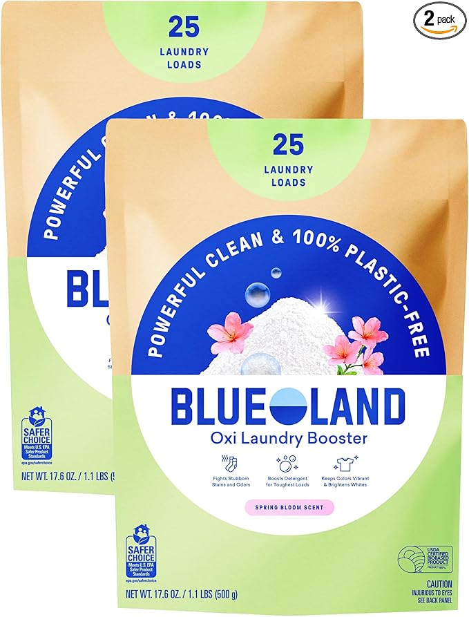BLUELAND Oxi Laundry Booster Powder Refill 2-Pack, Spring Bloom Scent, 50 Loads, 35.2 oz, Plastic-Free, Eco Friendly, Oxy Cleaner, Stain Remover