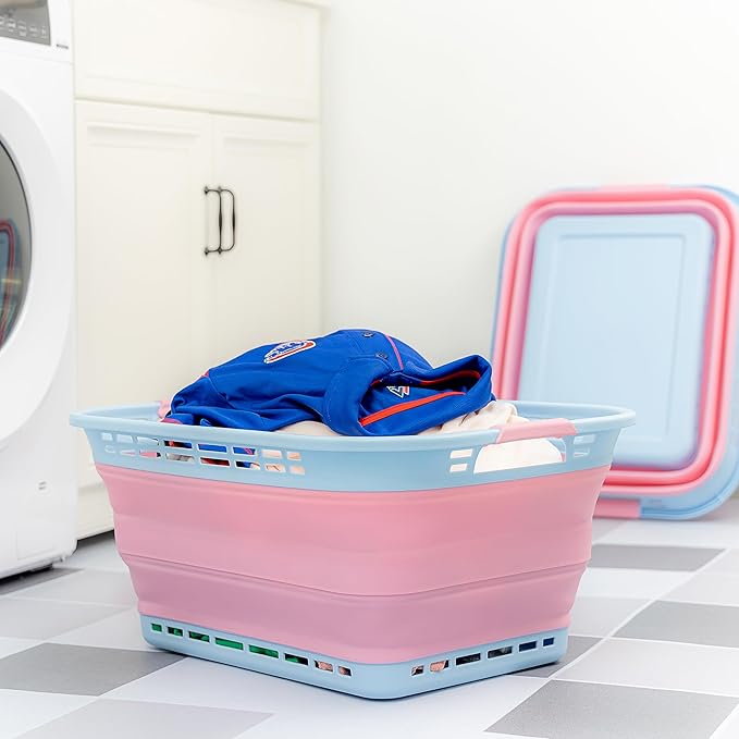 SAMMART 42L (11 Gallons) Collapsible Plastic Laundry Basket - Foldable Pop Up Storage Container/Organizer - Portable Washing Tub - Space Saving Hamper [BPA Free] (Cool Blue/Maglia Rosa (Set of 2))