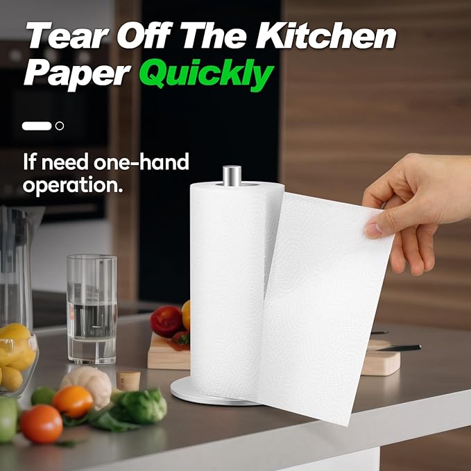 Silver Paper Towel Holder, Stainless Steel Paper Towel Holders, Stainless Paper Towels Holder Countertop, Premium Kitchen Roll Holder, Non-Slip Paper Towel Stand with Solid Weighted Base