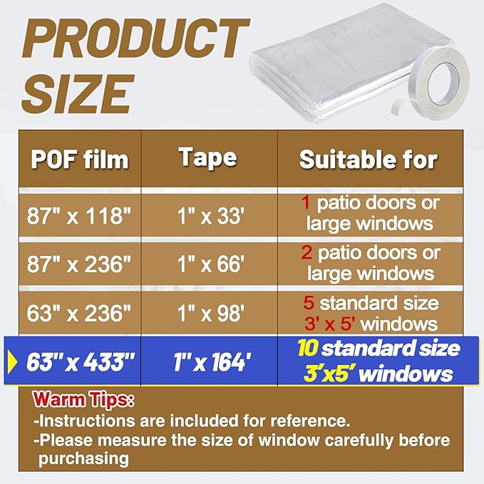 Apipi Thicken Window Insulation for Winter - Fits 10 Windows of 3' x 5' Durable Sealing Plastic Film Cover, Clear Shrink Window Insulation Kit with Double-Side Tape for Winterizing, 63 × 433 in