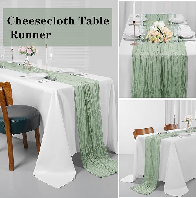 Bailarina 25 Pack Cheesecloth Table Runner 17x108 Inch Long Gauze Cheese Cloth 9ft Wrinkled Sheer Table Runner for Wedding Reception Birthday Party Table Decoration (Sage Green)