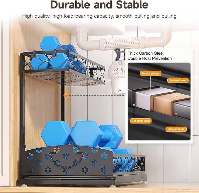 3 Pack Under Sink Organizers, 2-Tier Multi-Use Kitchen and Bathroom Organizers and Storage with Sliding Drawers, Bathroom Cabinet Organizer (Metal, 2 Pack)