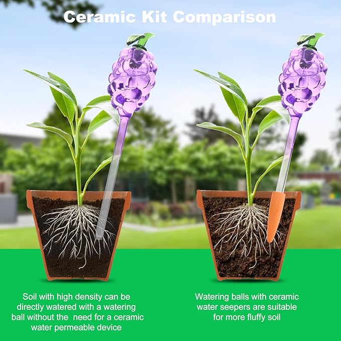 Yurucenus Plant Watering Globes, Grape Shape Self Watering Globes, Plant Watering Devices, 3PCS Purple+Green Color Clear Glass Bulbs Self Watering Planter Insert