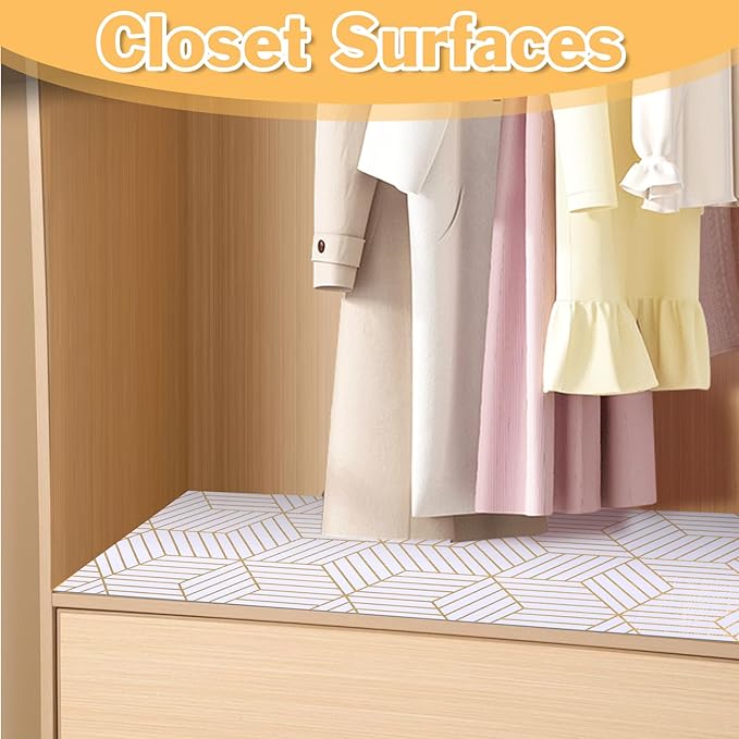 Shelf Liners for Kitchen Cabinets 11.8 x 236.2in Non-Adhesive Shelf Liner Paper Non-Slip Thickened Drawer Liner Easy to Clean for Tool Box Refrigerator with Knife and Tape Measure, Gold Geometric