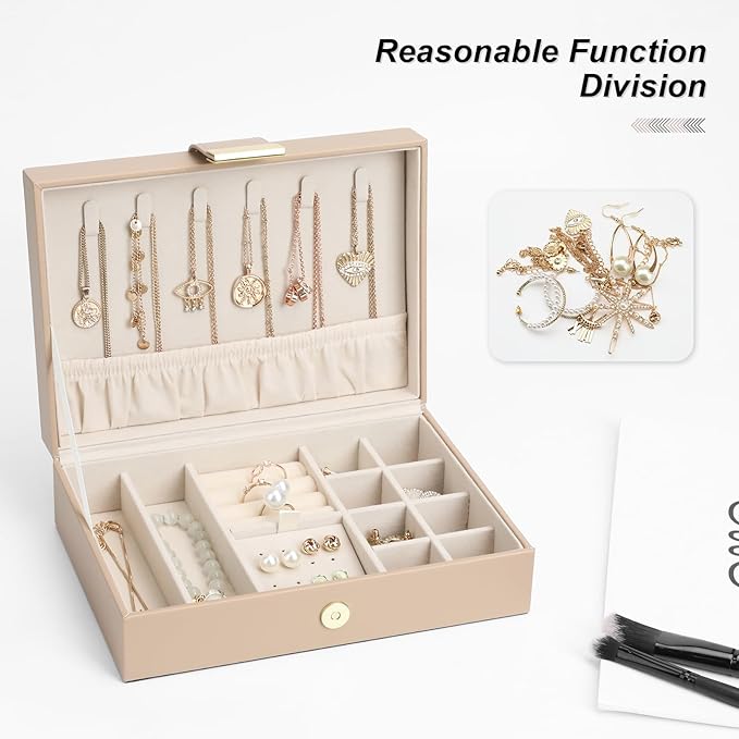 Leather Jewelry Box Elegant Small Jewelry Chest for Women Gift Box for Necklace, Ring, Earring Storage Portable Design for Travel Home Use Apricot