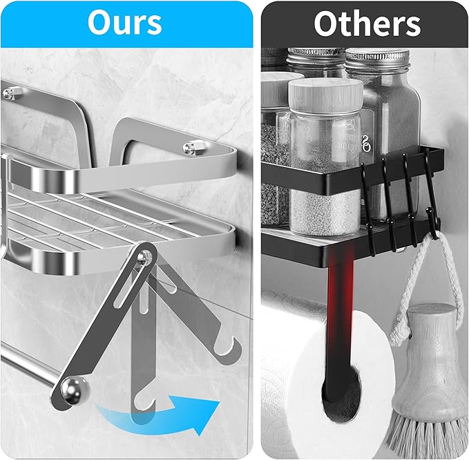 YIGII Garage Paper Towel Holder with Shelf, 2-in-1 Wall Mounted Shop Paper Towel Roll Holder, Stainless Steel Adhesive Spice Rack with 4 Hooks for Kitchen and Tool Room, Silver
