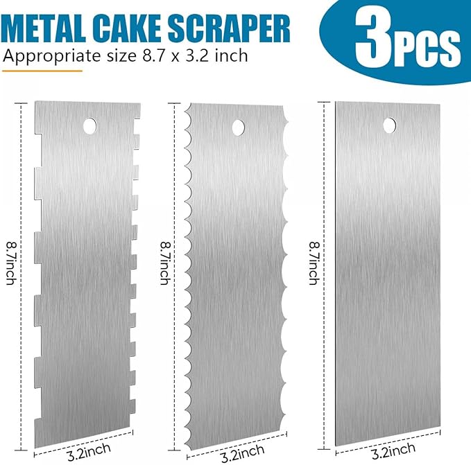 SenseYo 3 Pcs 9 Inch Stainless Steel Cream Cake Scraper Smoother Comb with Double Sides for Decorating Icing Mousse Butter