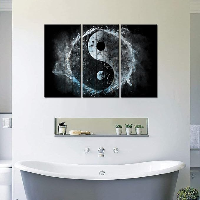 Biuteawal 3 Panel Wall Art Yin Yang Symbol on Wood Backgroud Picture Traditional Chinese Culture Art Prints Black White Blue Painting Retro Artwork Home Office Living Room Bedroom Decor Gallery