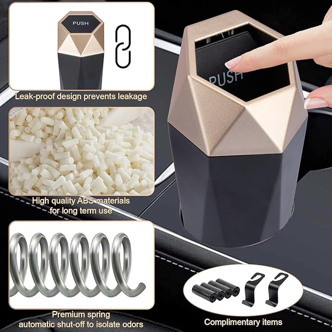 Car Trash Can, Car Trash Bin with Lid, Car Accessories for Women Interior, Car Garbage Can with Additional 2 ABS Hooks and 60pcs Trash Bags, Suitable for Home, Office, Car Organizer, Gold