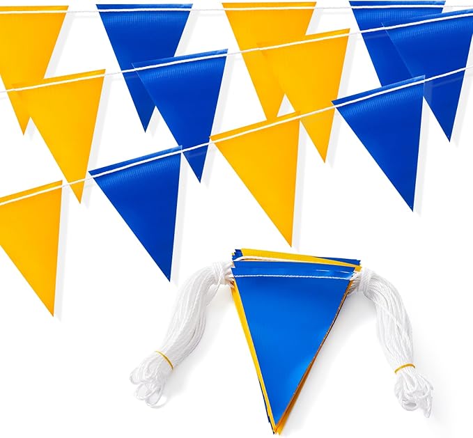 Safety Warning Pennant Banner Flags – Multipurpose 315FT OSHA High Visibility Colored Triangle Flags for Outdoor, Party, Roadwork, and Hazard Areas (BLUE+YELLOW, 135pcs, 315FT)