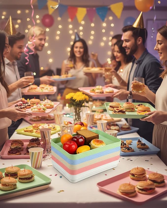 Plastic Serving Trays,20 Pcs Bulk Reusable Food Display Platters, Party Serving Trays for Snack, Fruit, Dessert, Catering Supplies, Restaurant & Hotel Use, 5 Colors,15"x10"