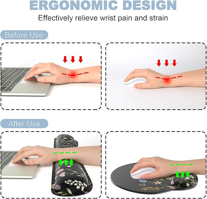 Ergonomic Mouse Pad with Wrist Rest and Keyboard Wrist Rest, Memory Foam Wrist Rest for Computer Keyboard, Easy Typing, Pain Relief, Black Mouse Pad Wrist Support for Gaming, Office, Laptop, Floral