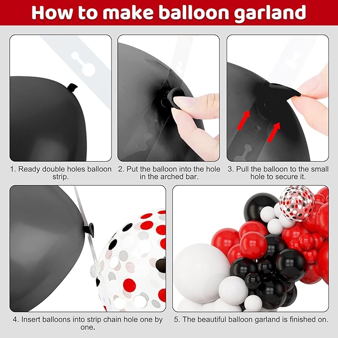 Amandir 153pcs Red Black and White Balloon Arch Garland Kit Different Sizes 18 12 10 5inch Silver Latex Metallic Confetti Graduation Balloons for Birthday Wedding Movie Night Casino Party Supplies