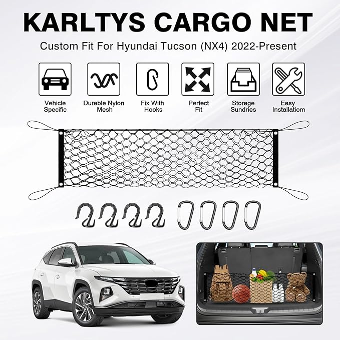 Karltys Envelope Style Cargo Net for Hyundai Tucson 2026 2025 2024 2023 2022 Accessories, Adjustable Elastic Rear Trunk Cargo Net, Heavy Duty Nylon Mesh Storage Netting Organizer