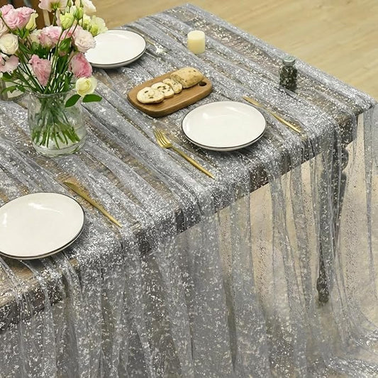 Horaldaily Grey Sliver Tablecloth 60x60 Inch Square, Sliver Glitter Metallic Foil, Sheer Tulle Cheesecloth for Wedding Baby Shower Ceremony Birthday