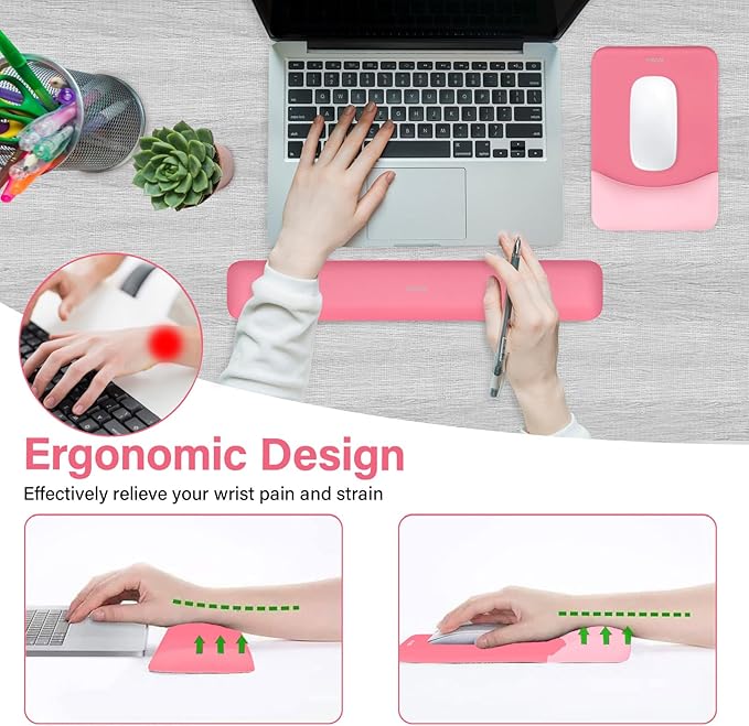 MOSISO Wrist Rest Support for Mouse Pad & Keyboard Set, Rectangular Ergonomic Mousepad Non-Slip Base Home/Office Pain Relief & Easy Typing Pad with Neoprene Cloth & Raised Silicone Lining, Melon Pink