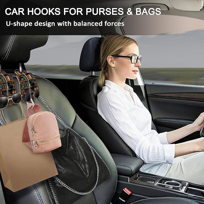 Blusabaca 2PCS Car Hooks for Purses and Bags, Goth Gothic Bookshelf Black Cat Seat Back Storage Headrest Holder Hanger PU Leather Double Metal Backseat Organizer, Women Car Accessories Organization