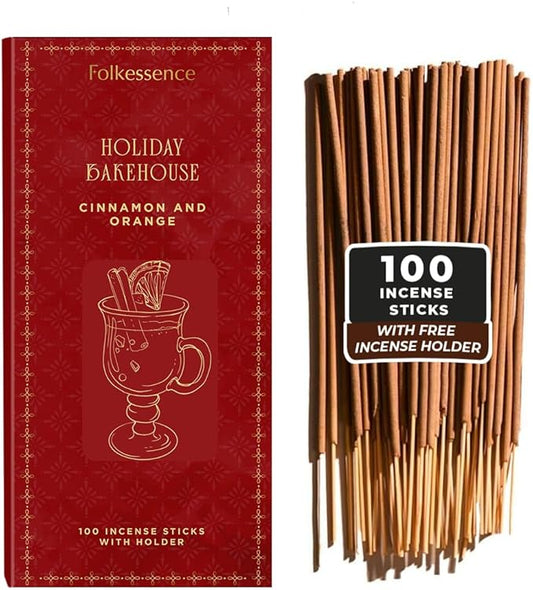 Folkulture Incense Sticks | Set of 120 Insence-Sticks with Holder for Relaxation |Cinnamon & Orange Incense| Organic, Slow Burning & Non Toxic Inscents | Luxe Fragrances for Meditation
