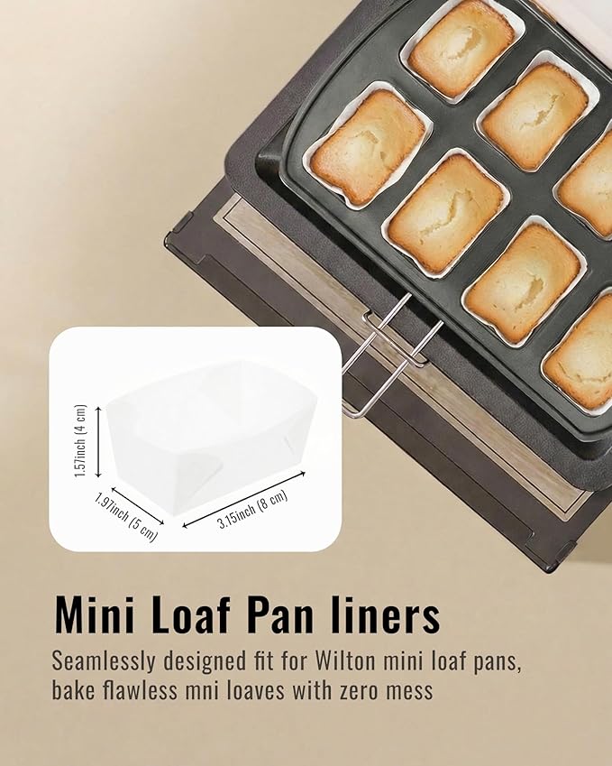 Bake Choice 100 Pcs White Mini Loaf Pan Liners Compatible with Wilton Mini Loaf Pan, Natural Parchment Paper Cupcake Liners, Petite Loaf Baking Cups for Cupcake, Muffin, Brownies, 3.15*1.97*1.57inch