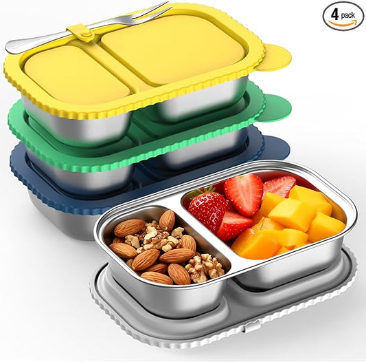Stainless Steel Snack Containers with Silicone Lids, 4 Pack Reusable 2 Compartment Food Storage Containers, Snackle Box Container Leak-Proof Metal Bento Lunch Box for School, Travel, Home