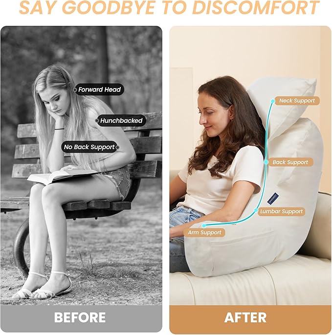 Portable Reading Pillows with Headrest for Bed Sitting Up(Beige Oeko-Tex), Velvet Back Pillow with Arms & Pockets for Adults, Support Memory Foam Bed Pillow for Dorm/Reading/Watching/Gaming