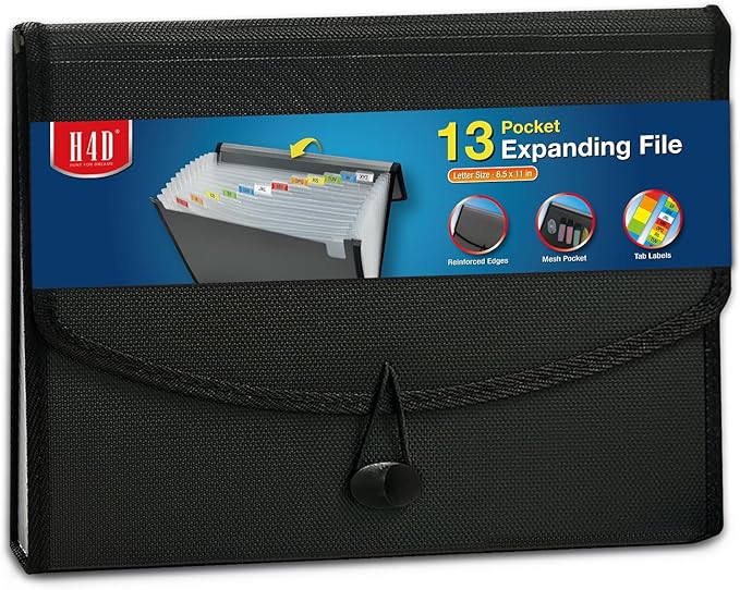 H4D 13-Pocket Accordion File Organizer with Mesh Pocket, Expanding File Folder with Tabs, Expandable Document Organizer for Home Office School, Letter Size, Black