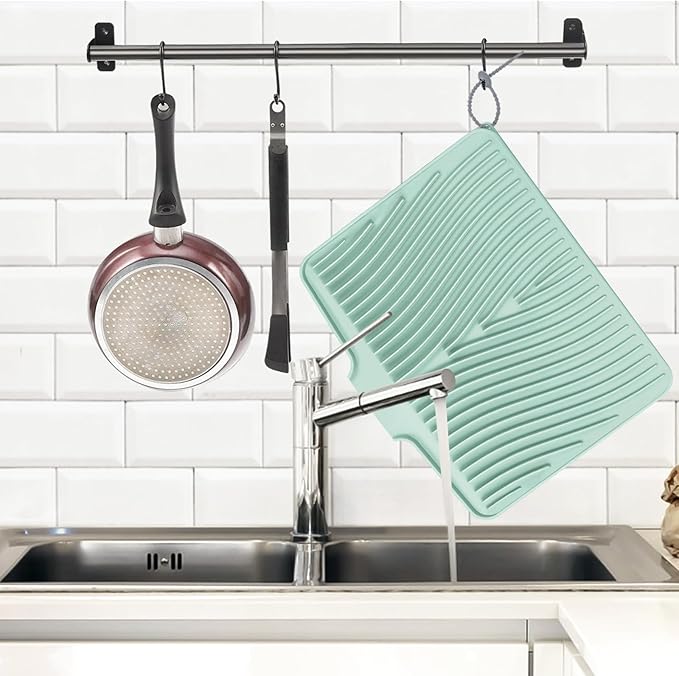 TIKNIK Dish Drying Mat, Stone Drying Mat for Kitchen Counter with Built-in Drain, Non-Slip Drying Matt Kitchen Counter, Heat Resistant Silicone Drying Mat, Dish Drying Pad, 2 Pcs (Mint 20" x 15")