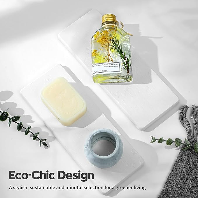 Razborci 2PCS Bathroom Sink Trays, Water Absorbing Diatomite Stone Quick Drying Mat for Kitchen Counter, Dish Rack Soap Dispenser Sponge Holder Caddy Vanity Organizer, White, 9"x3.5"